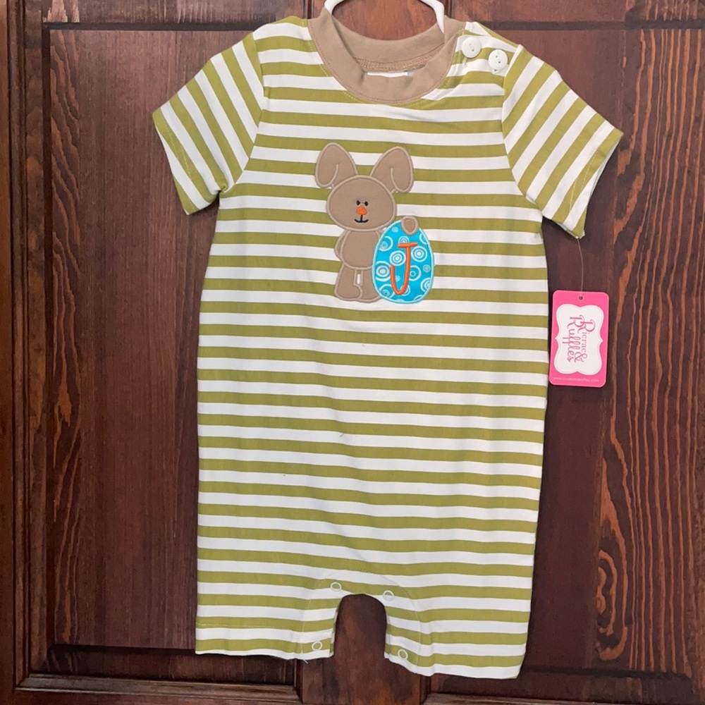 BNWT Boys Ric Rac & Ruffles Easter romper with J, size 18 mos.